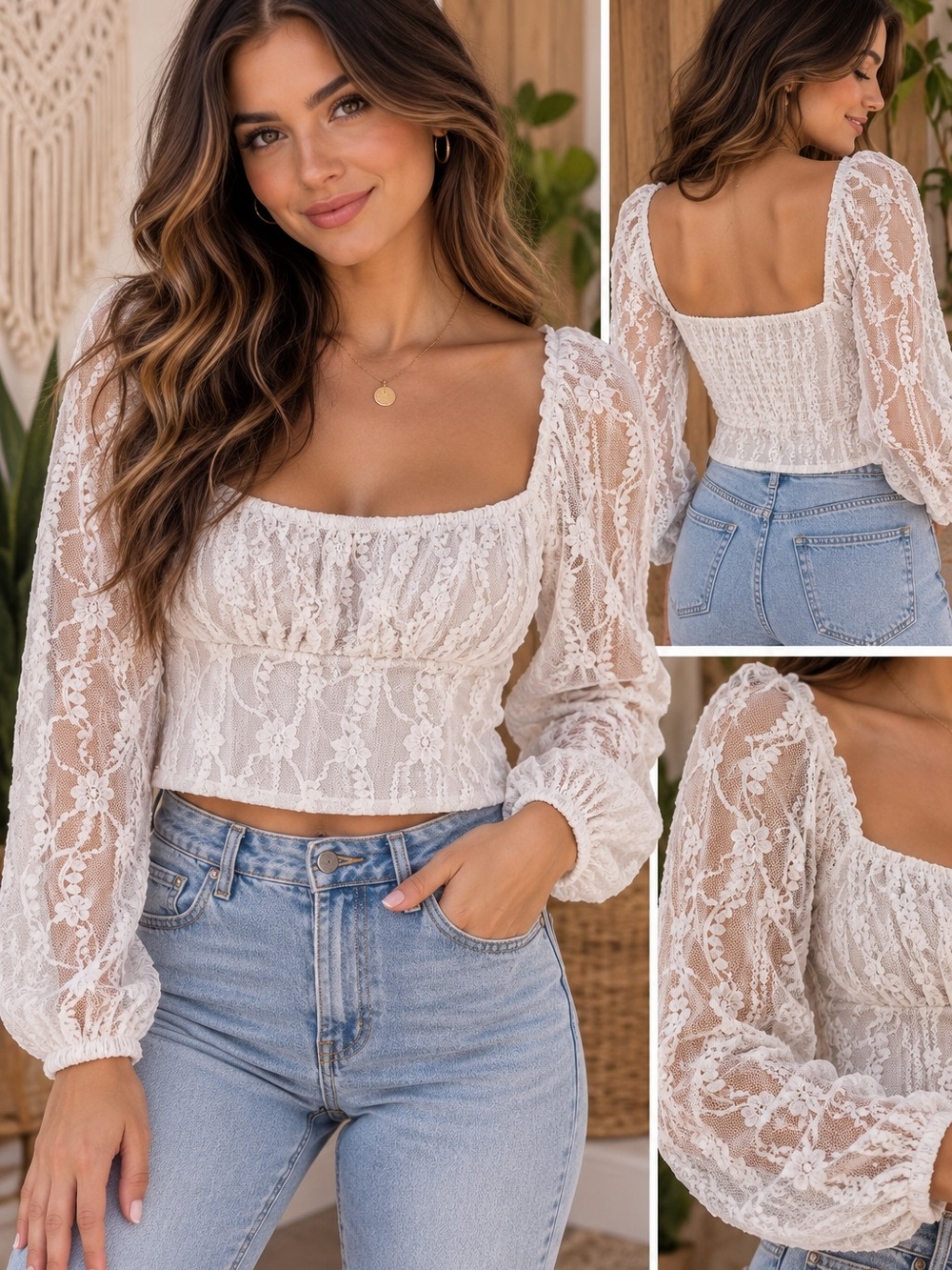 Jealous Tomato White Lace Square-Neck Peasant Blouse